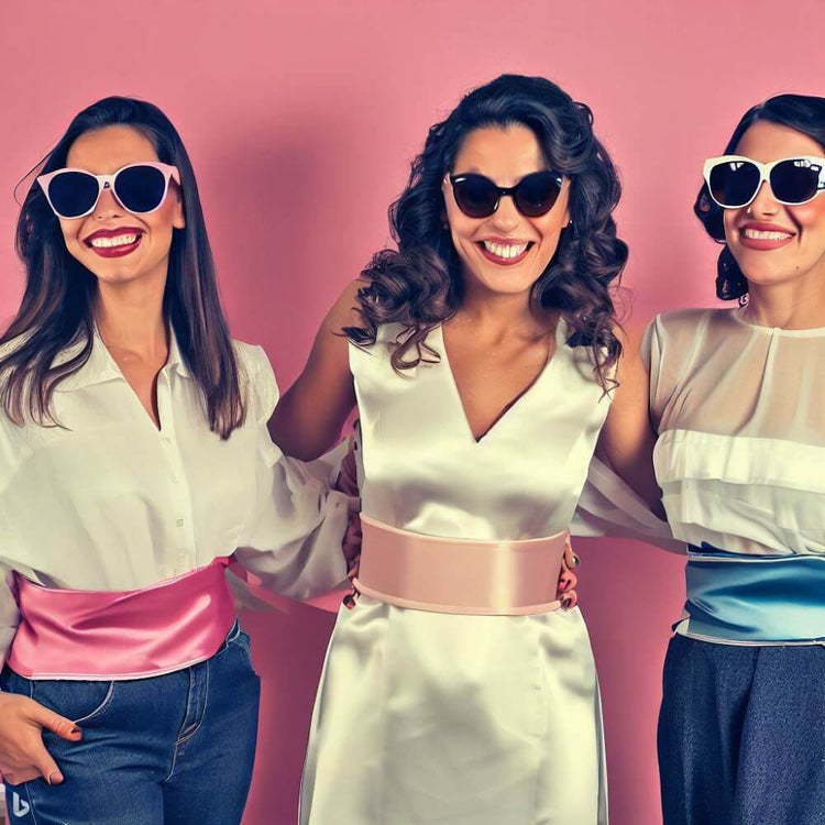 une femme porte une ceinture foulard rose sur son pantalon jean, une femme porte un foulard ceinture rose uni sur sa robe, une femme porte une ceinture fouleur uni bleu sur sa robe
