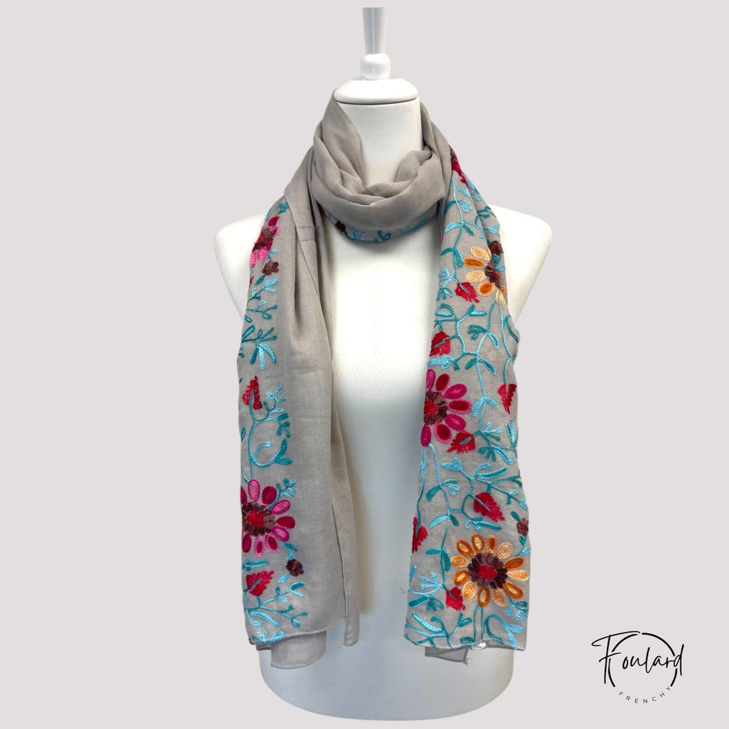 Foulard femme Brodé Floral – Gris Perle