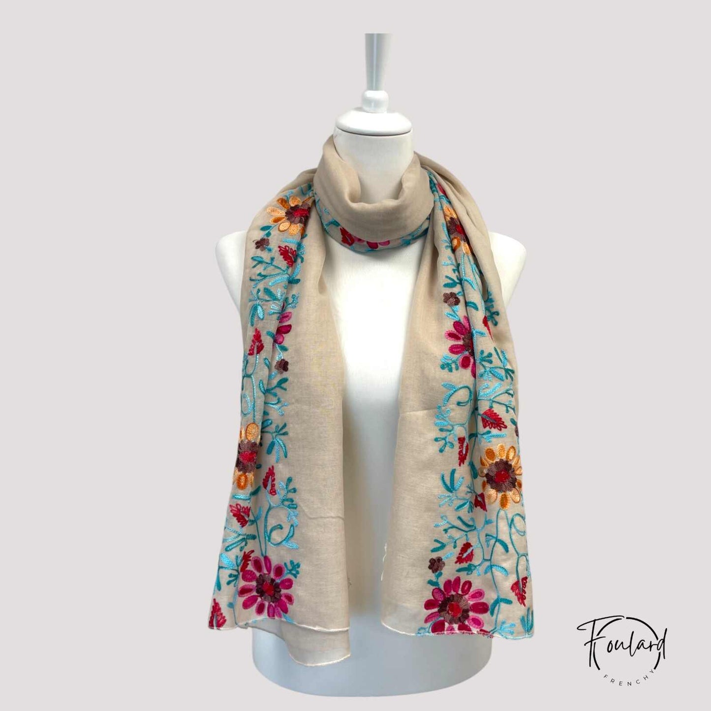Foulard Brodé Floral – Beige - 180×90 cm