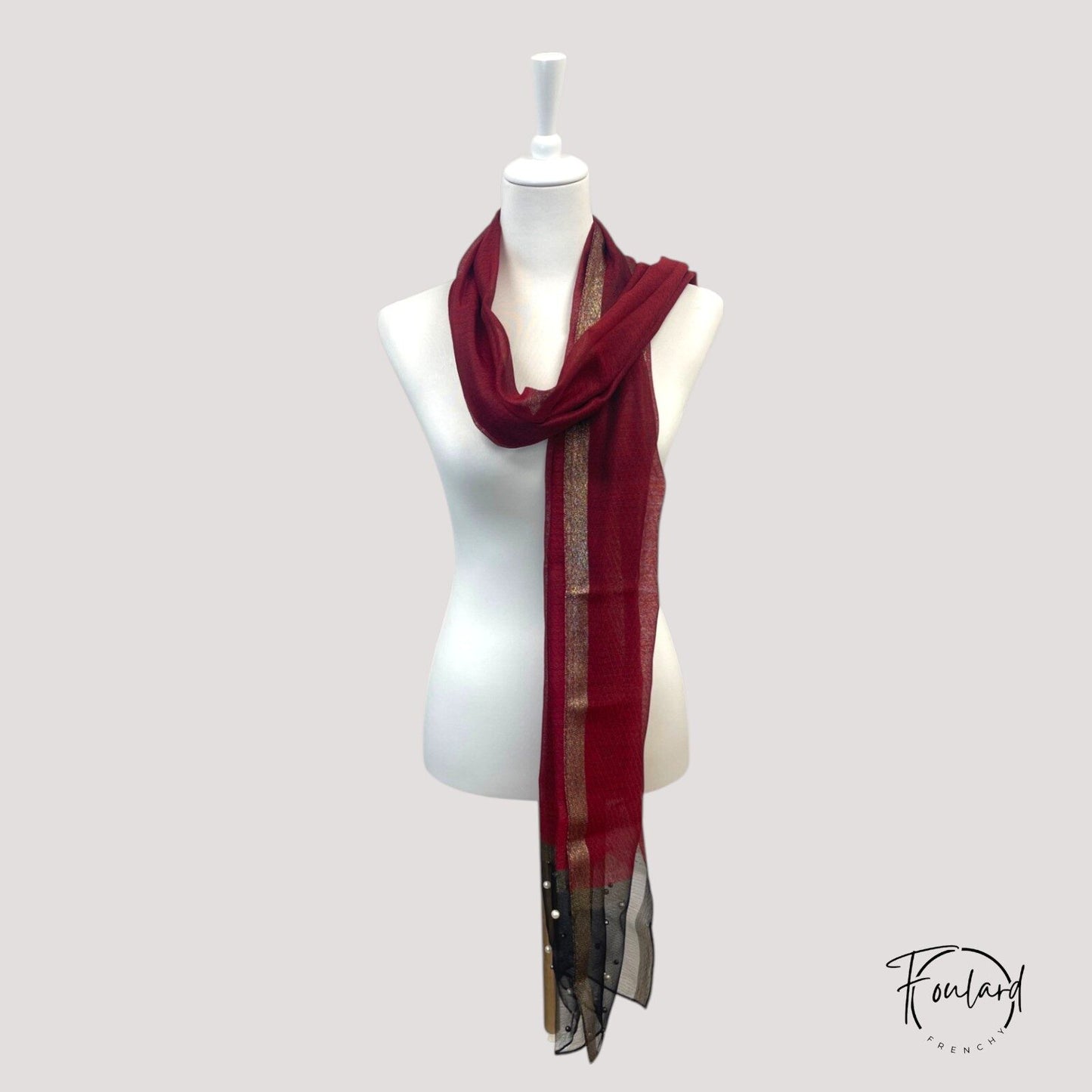 Foulard Élégant Bordeaux & Noir – Voile à Perles et Fils Dorés