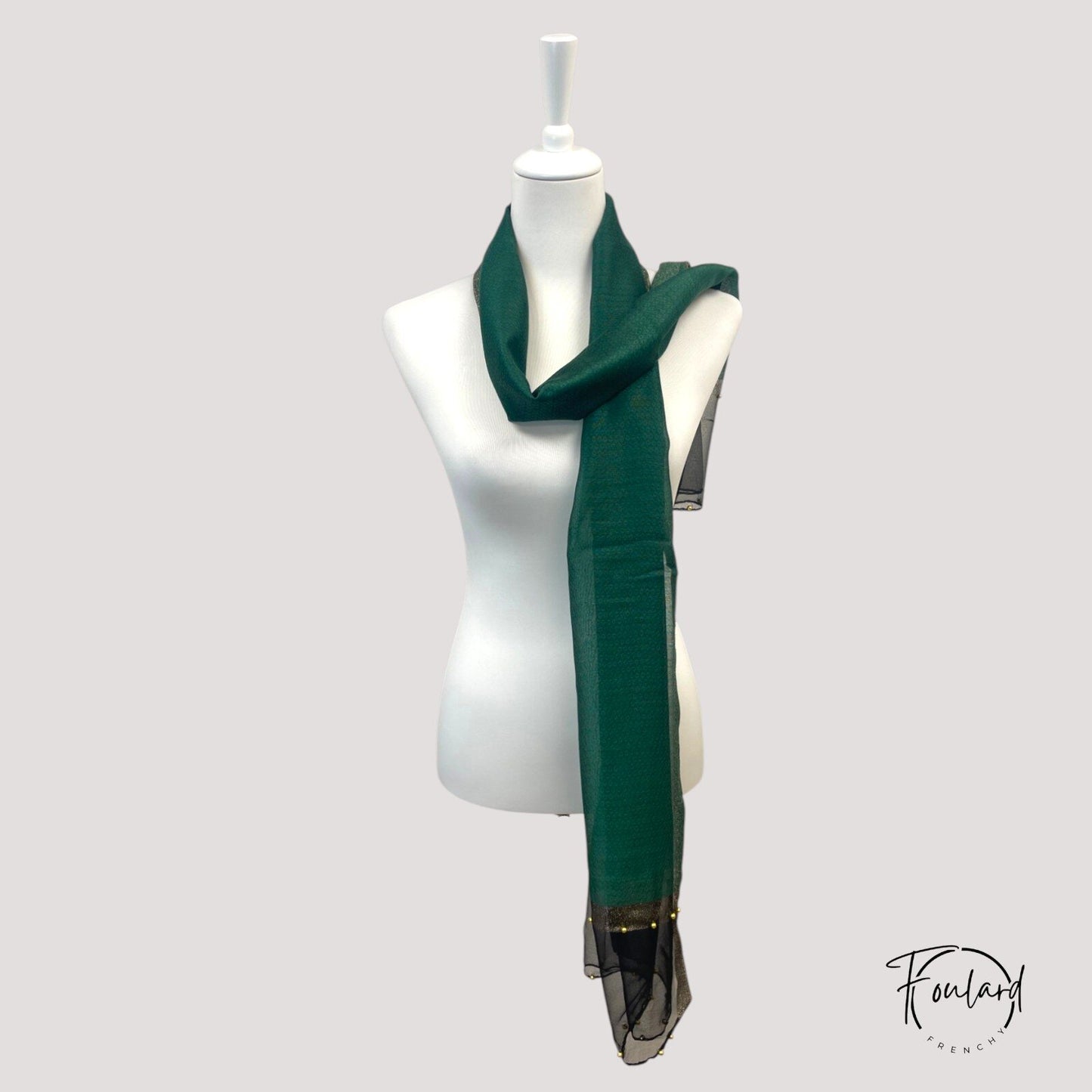 Foulard Vert ; Noir – Voile Transparent à Perles Dorées 180×90 cm