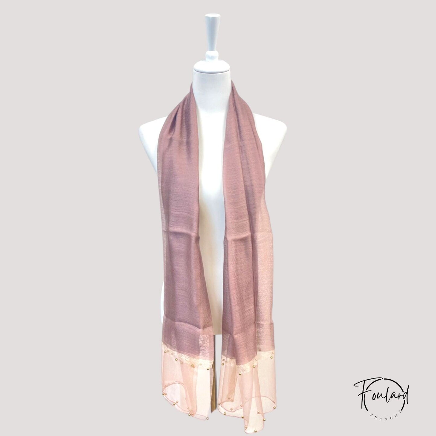 Foulard Rose Poudré – Voile Transparent Doré et Perles (180×90 cm)
