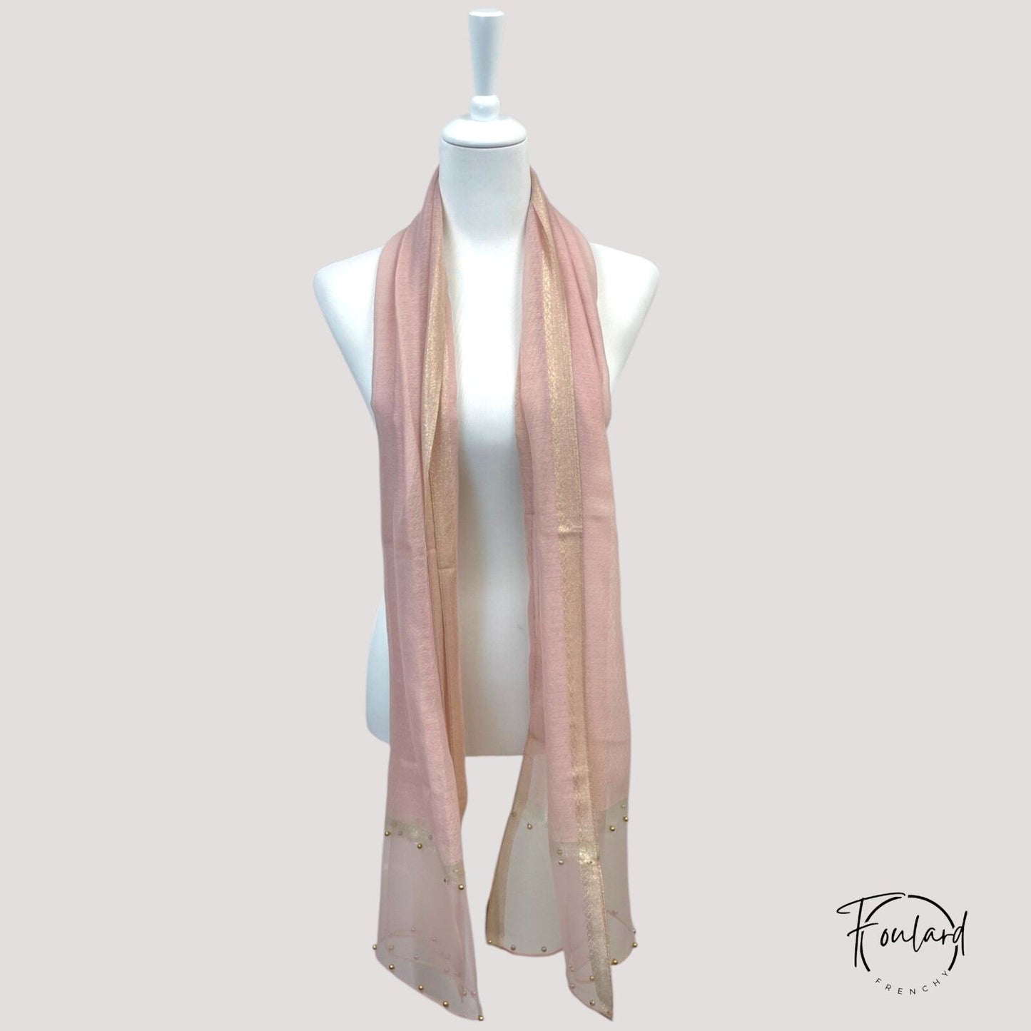 Foulard Rose Clair – Voile Doré et Perles Élégantes (180×90 cm