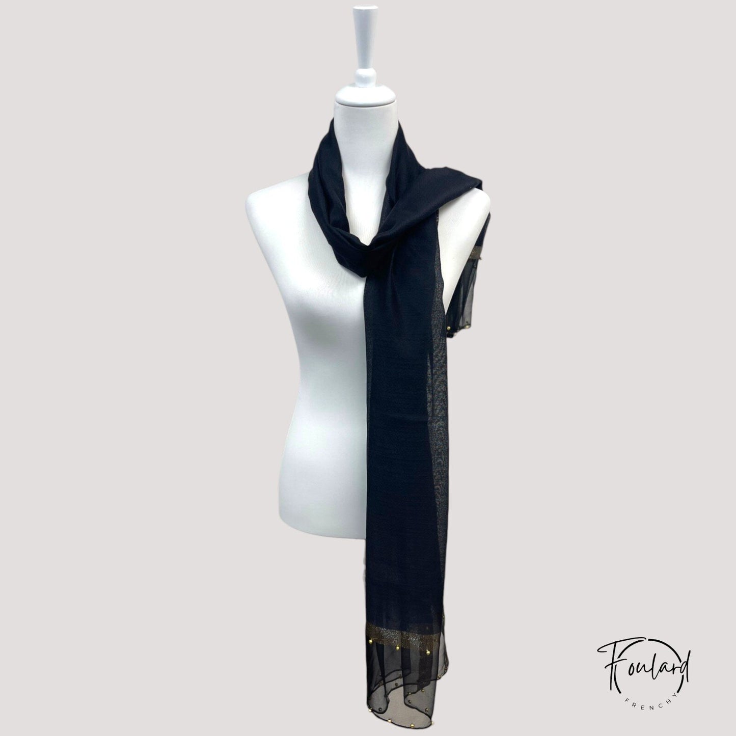 Foulard Noir Élégant – Voile Doré Perles 180×90 cm