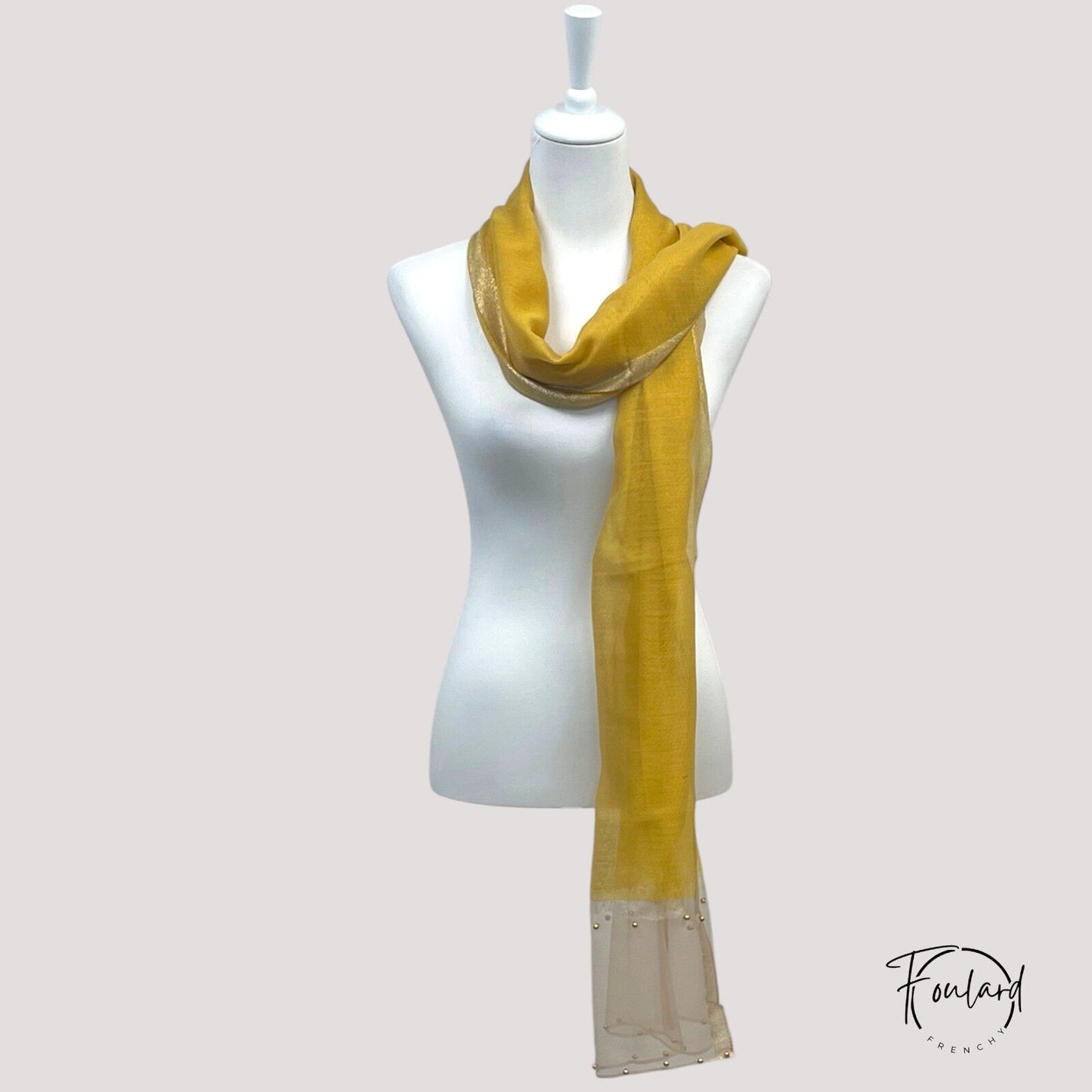 Foulard femme Jaune Moutarde – Voile Transparent Doré et Perles 180×90 cm