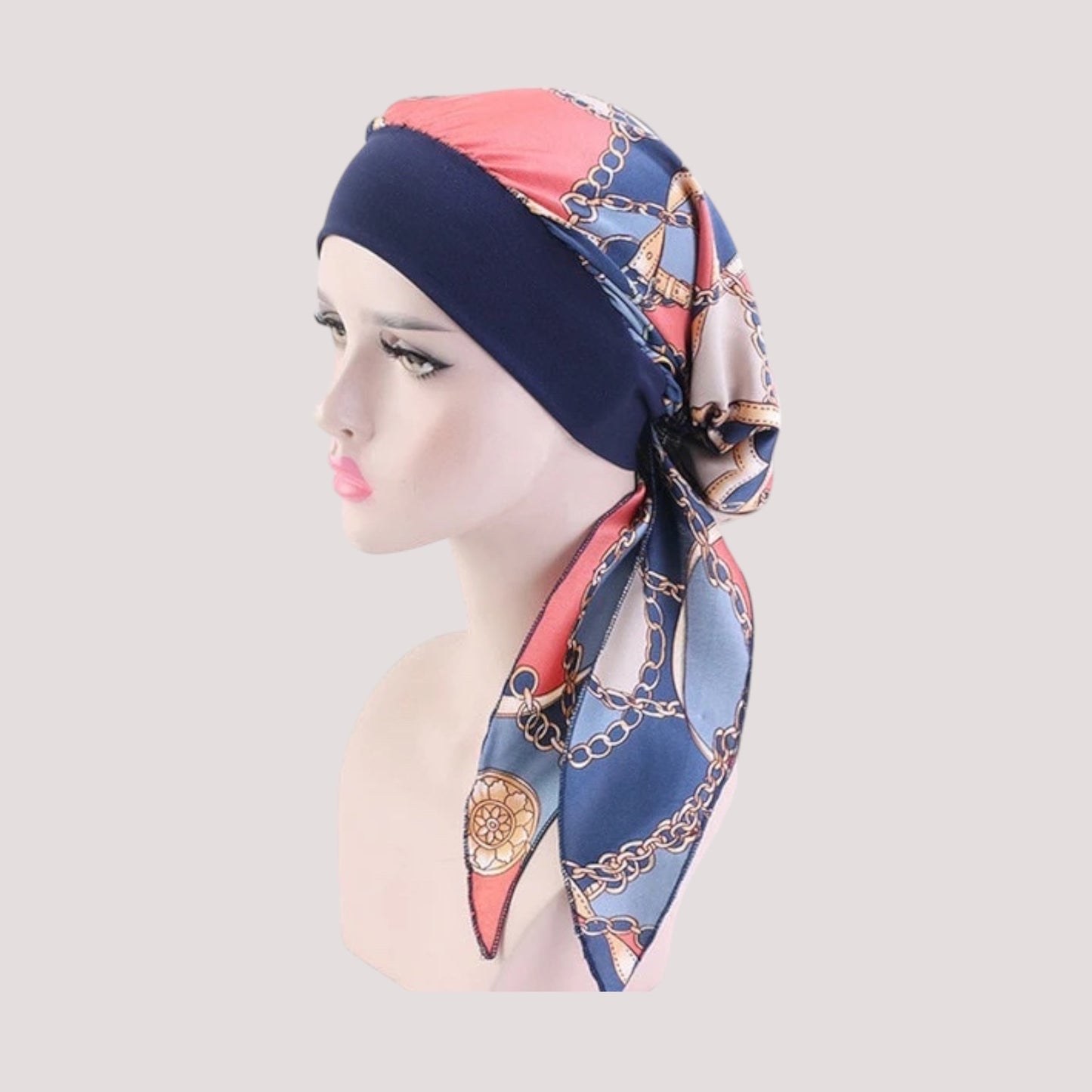AGATHE Foulard Cheveux Femme Moderne Chimio Bleu Marine Rose à motifs