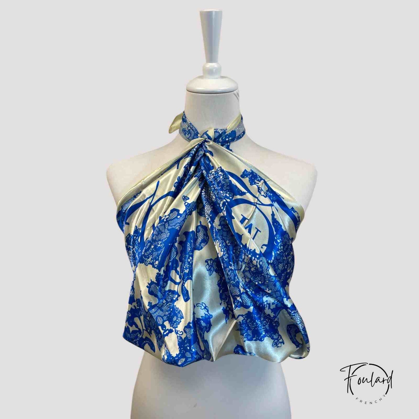 AUDREY Foulard Cheveux Femme Blanc Crème & motifs Bleu Baroque