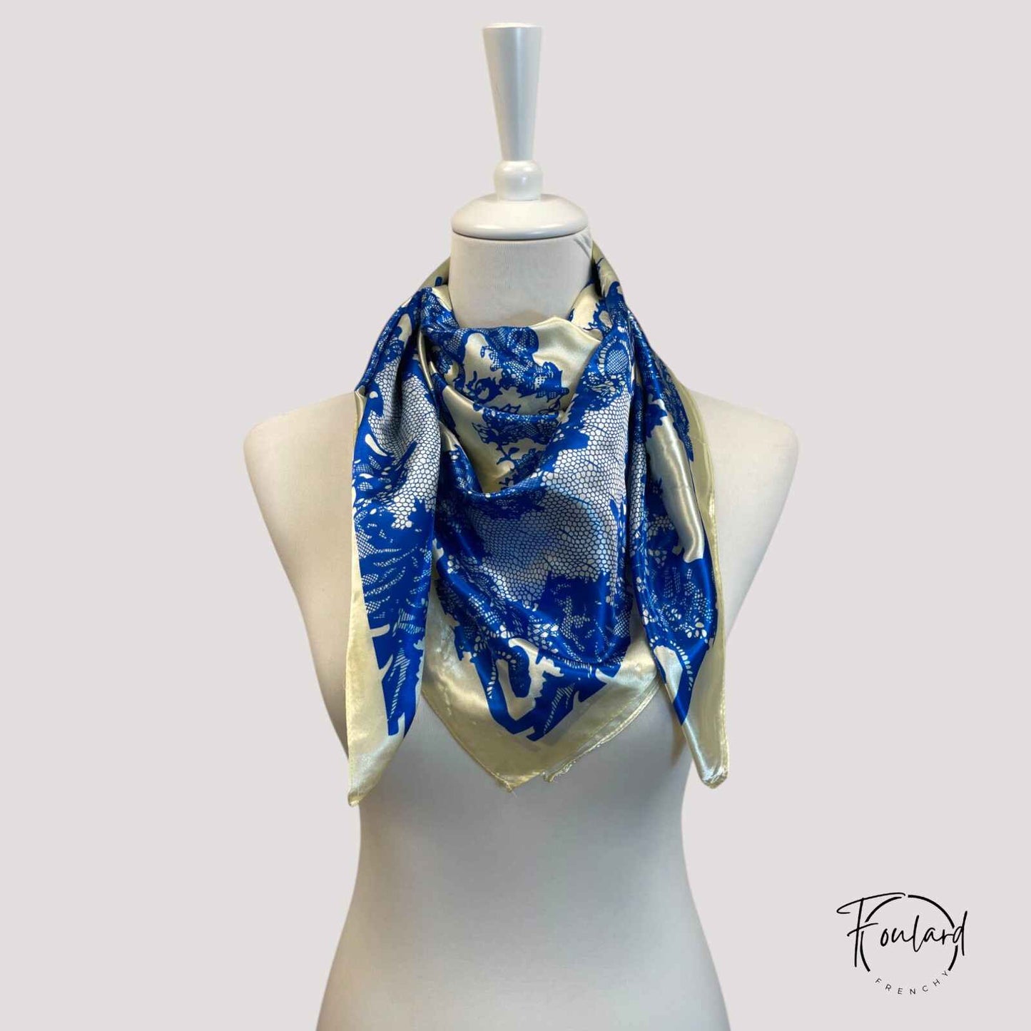 AUDREY Foulard Cheveux Femme Blanc Crème & motifs Bleu Baroque