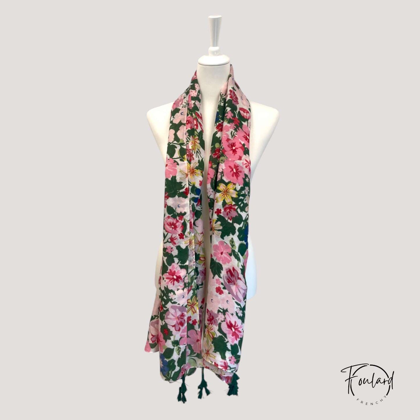 Foulard femme à fleurs roses - vertes- bleues