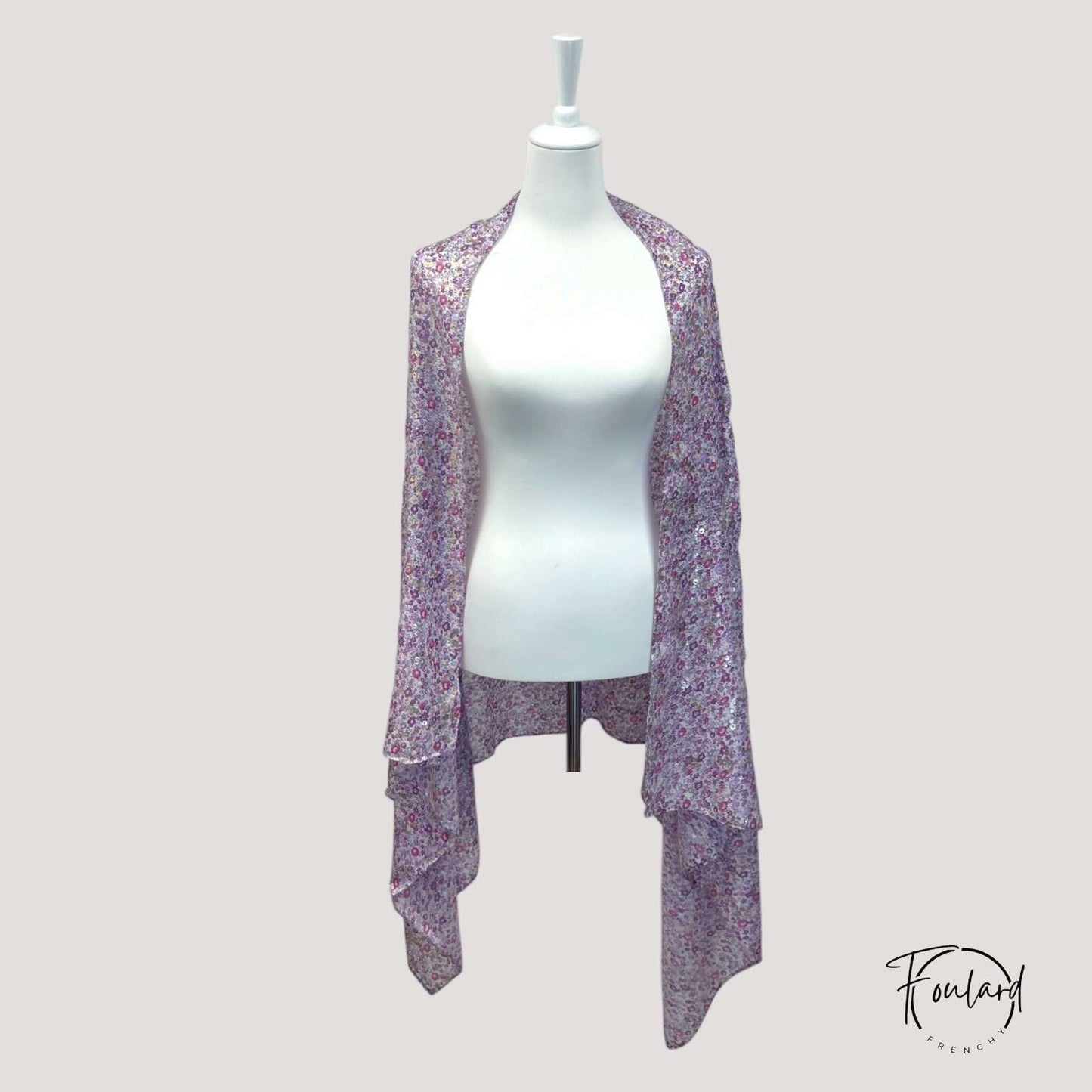 foulard femme fleuri violet à paillettes dorées
