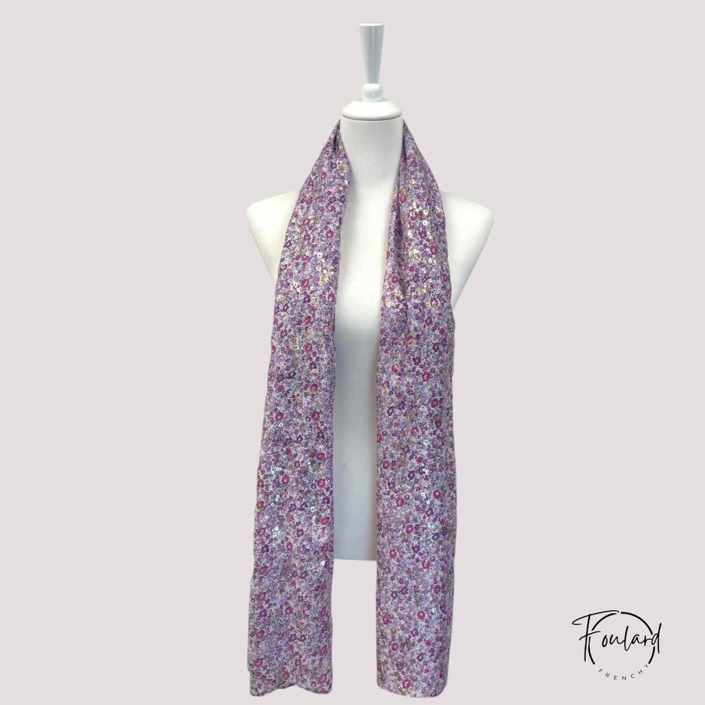 foulard femme fleuri violet à paillettes dorées