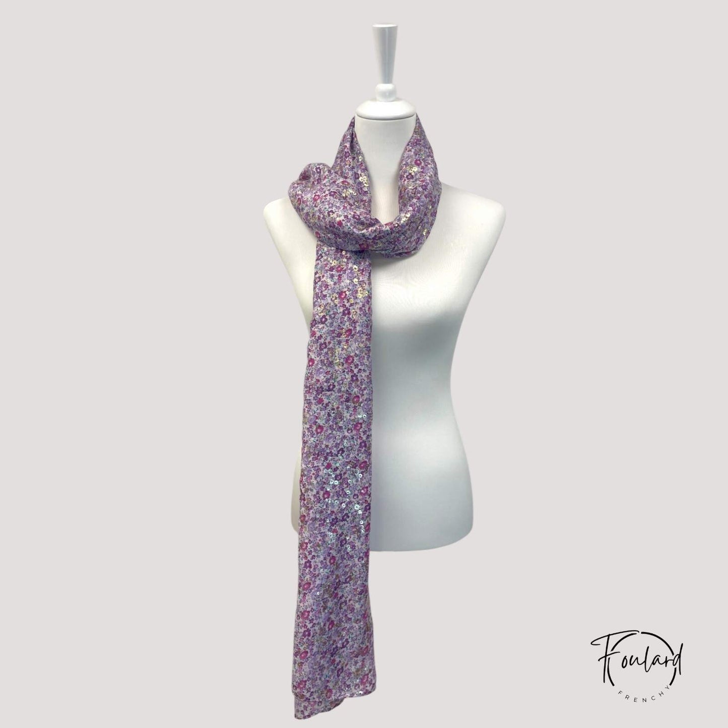 foulard femme fleuri violet à paillettes dorées