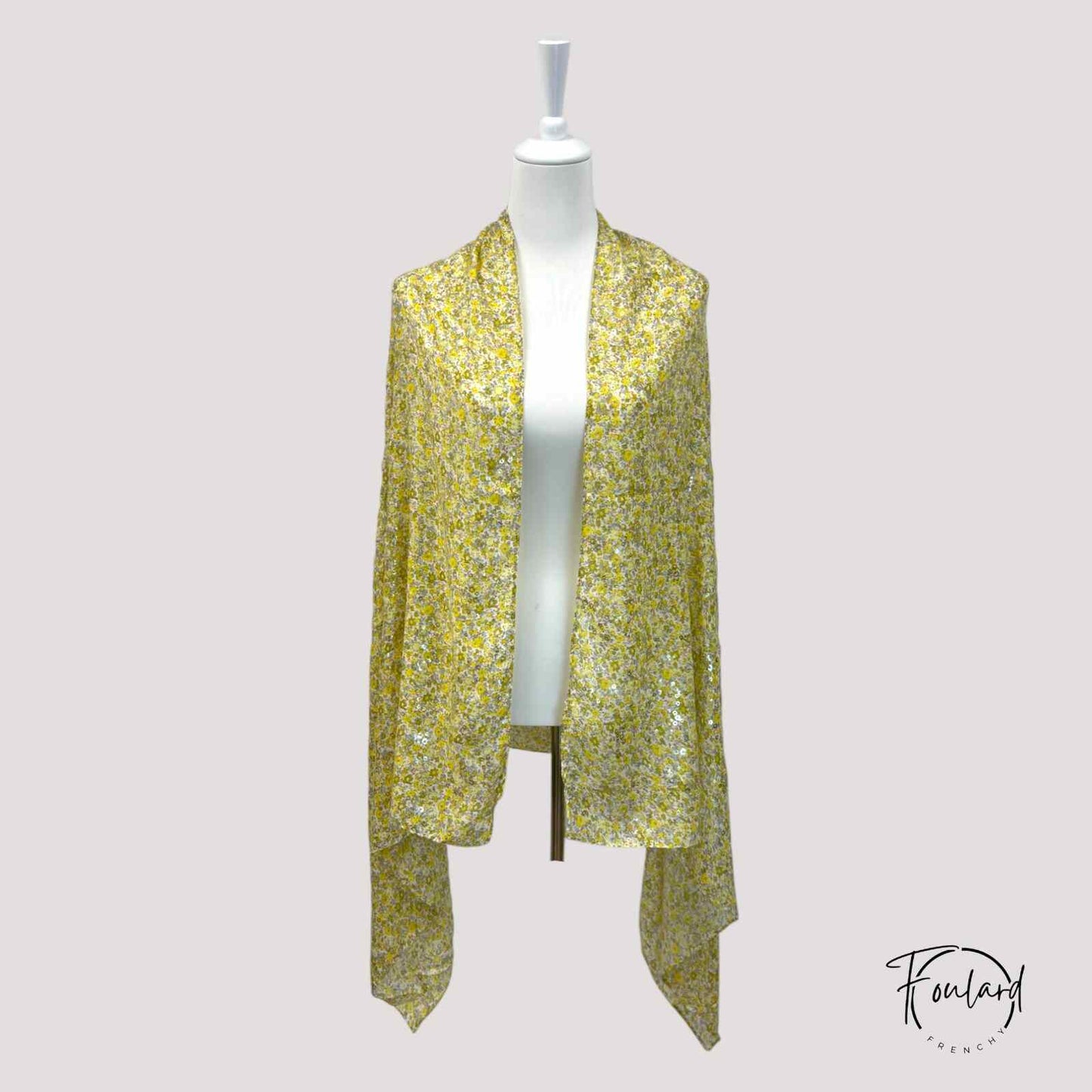 foulard femme fleuri jaune et doré