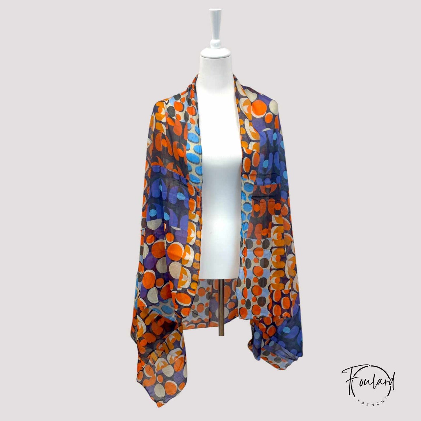 Foulard femme à motifs géométriques rouge -orange -violet- bleu