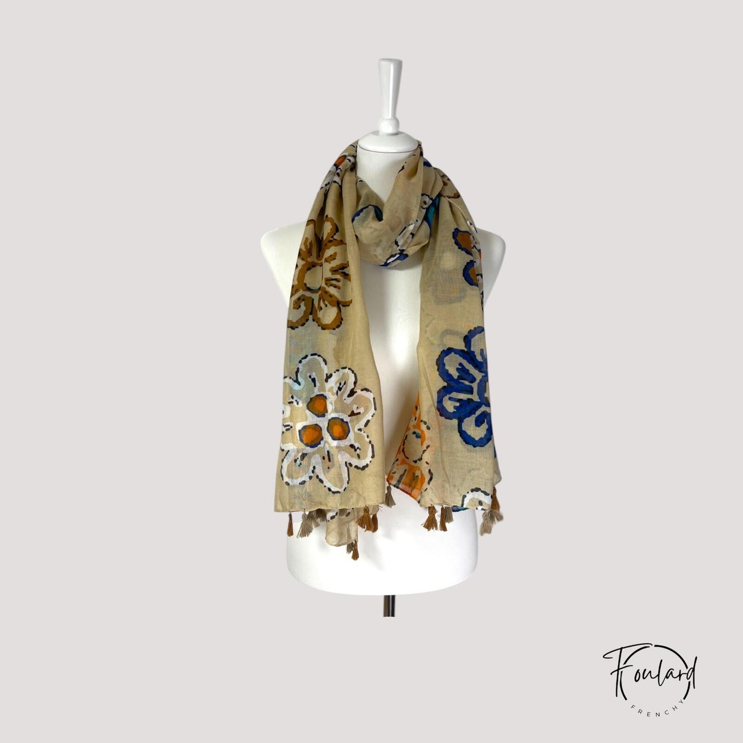 Foulard femme beige à fleurs abstraites