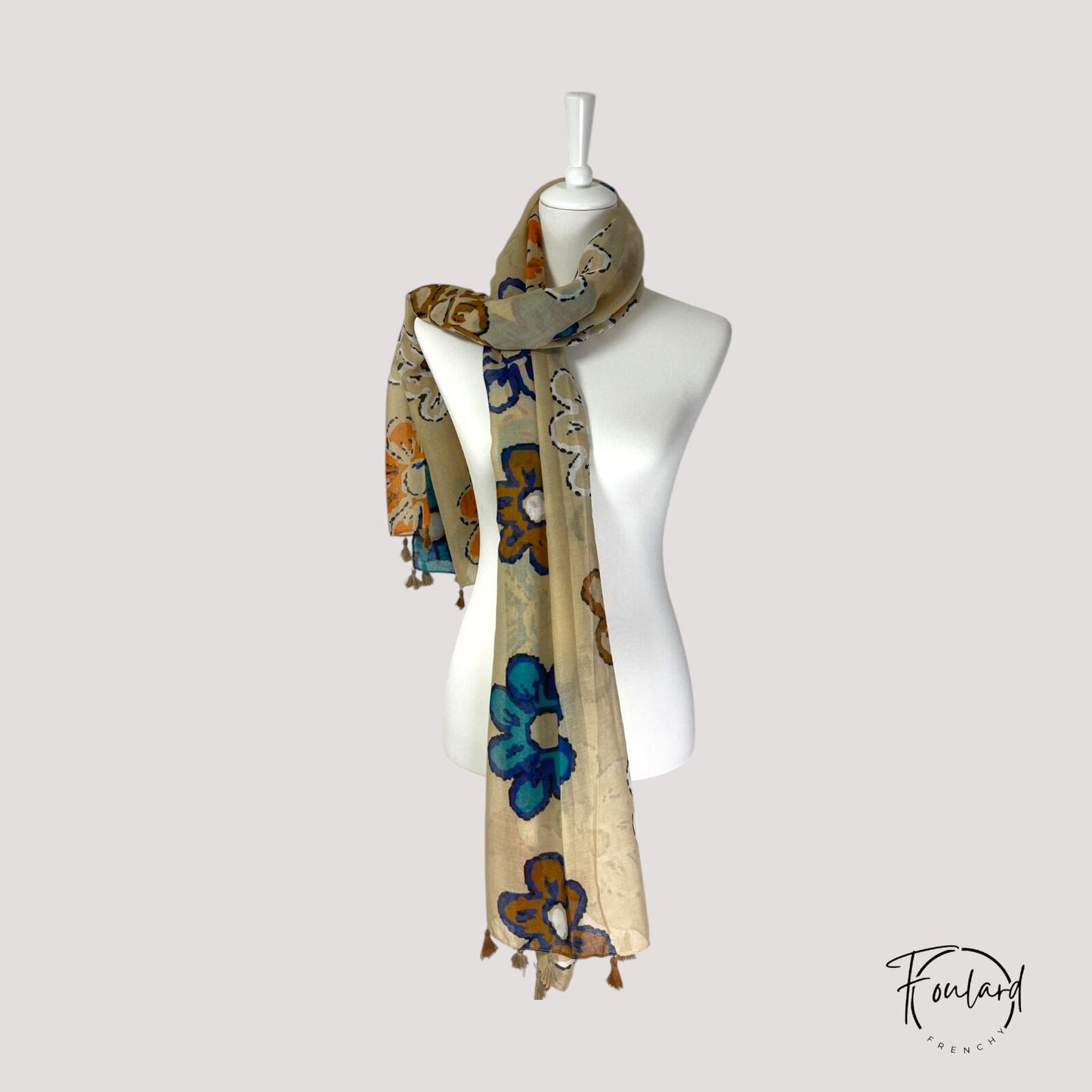 Foulard femme beige à fleurs abstraites