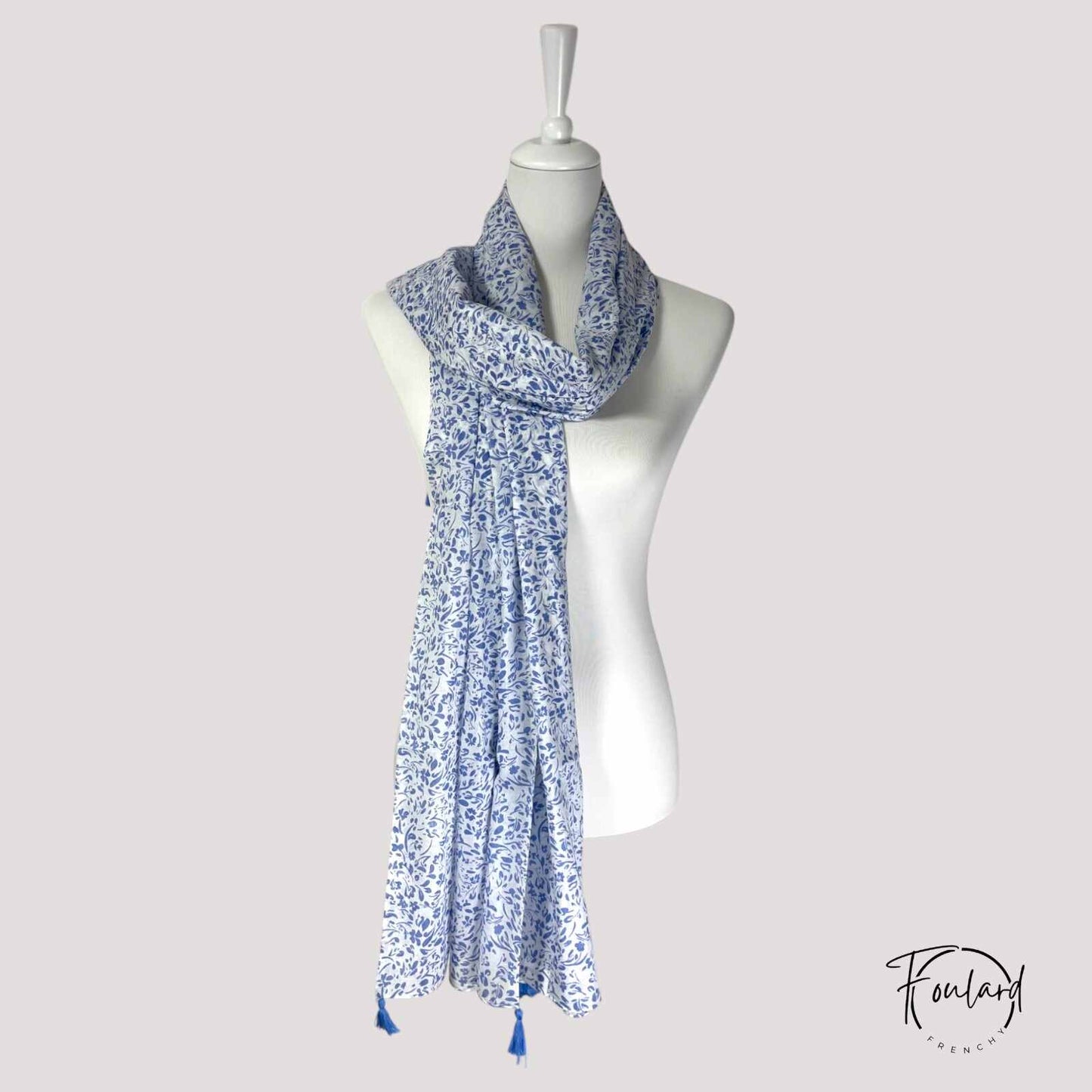 Foulard femme bleu feuillage