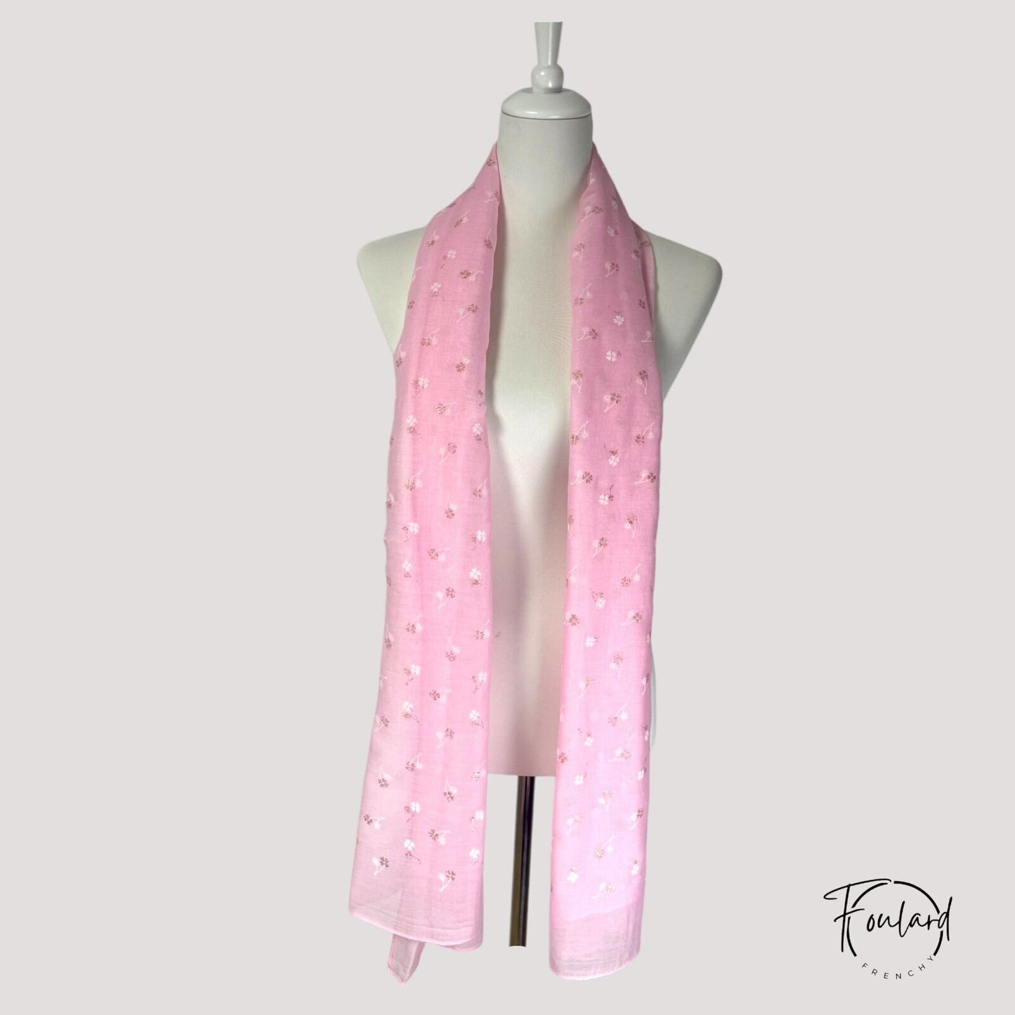 Foulard femme rose à fleurs pailletées