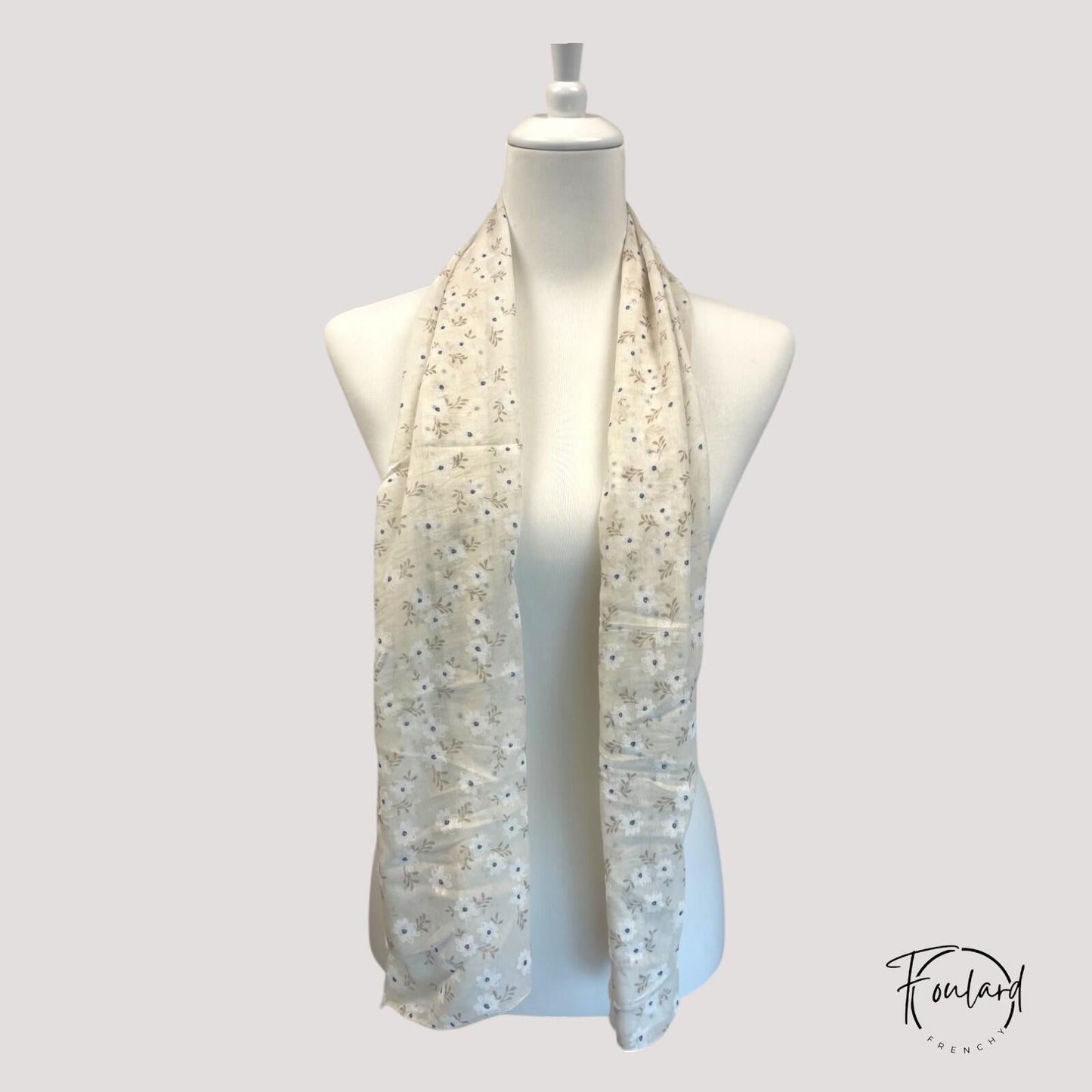 Foulard femme beige à fleurs blanches