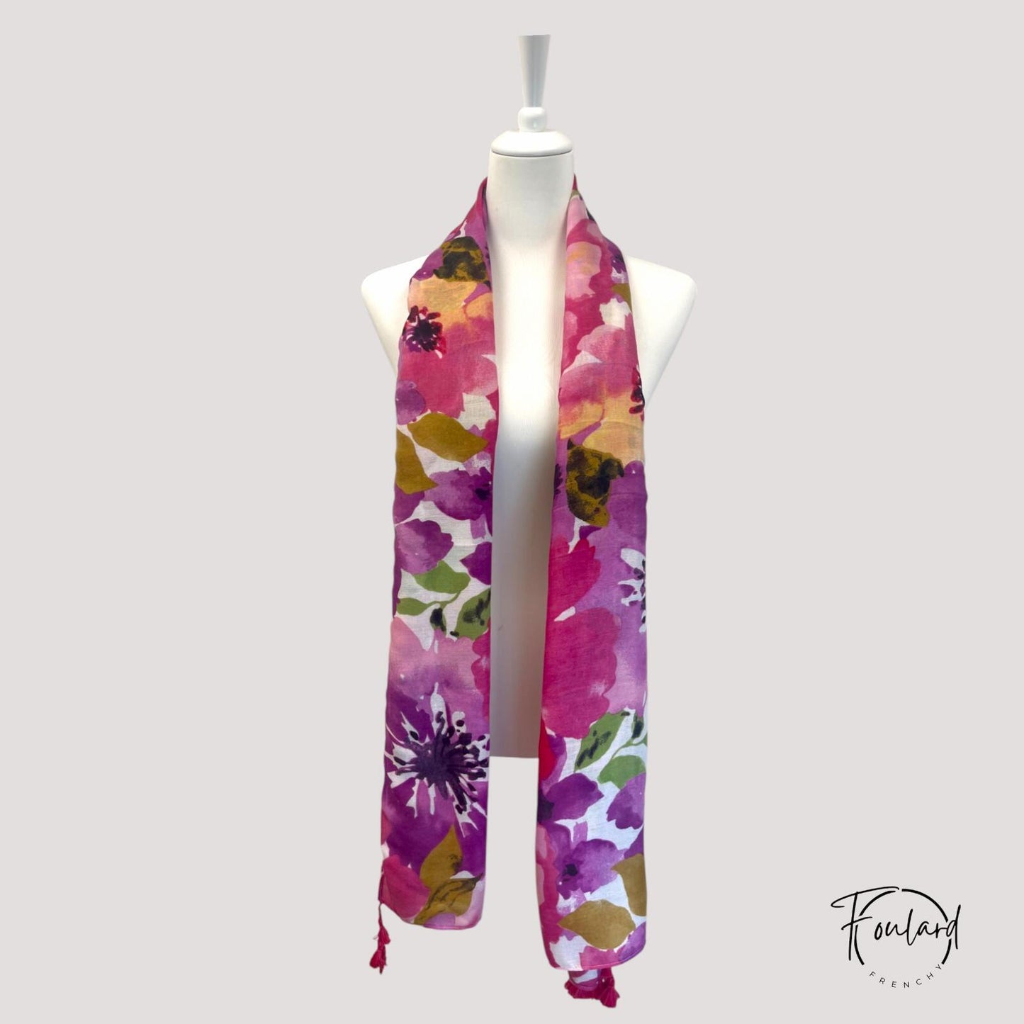Foulard femme fleuri rose et violet
