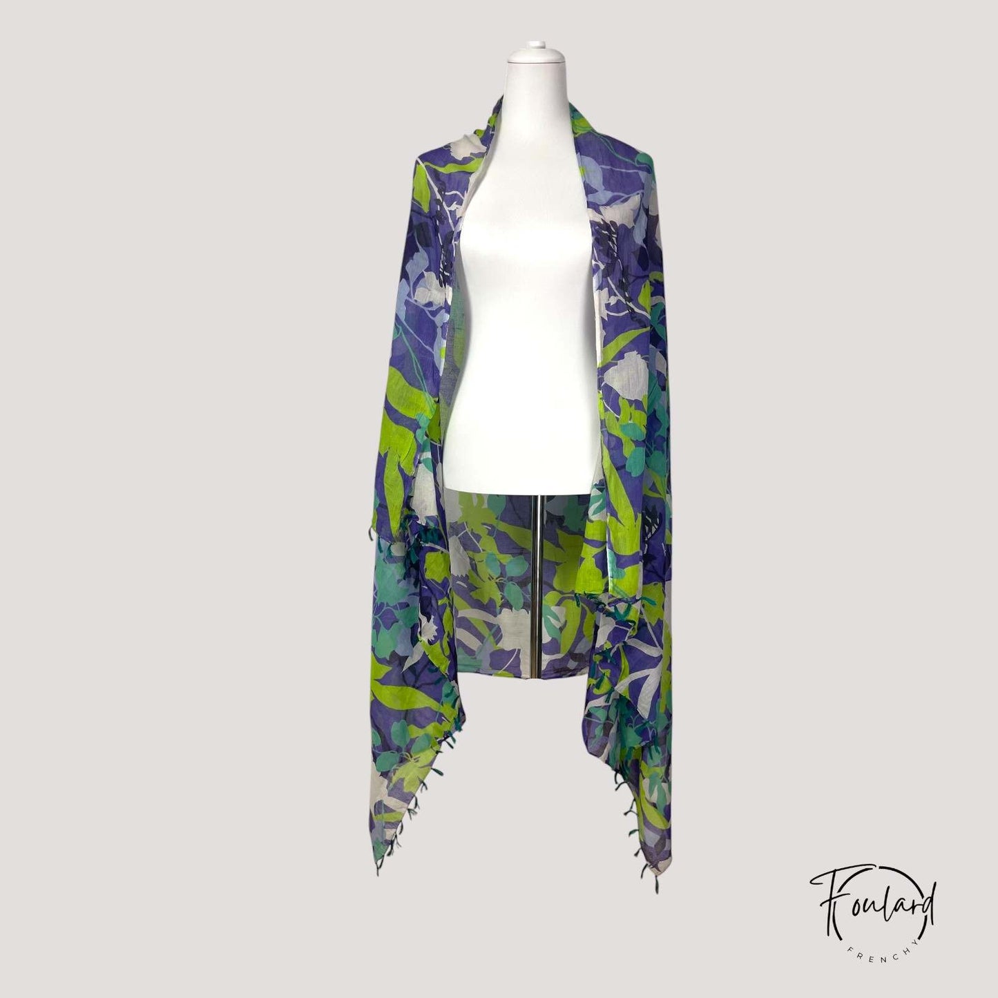 Foulard en coton à imprimé feuillage vert et violet