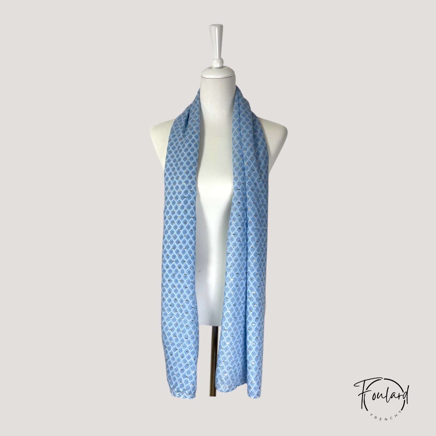 Foulard femme bleu à motifs géométriques dorés