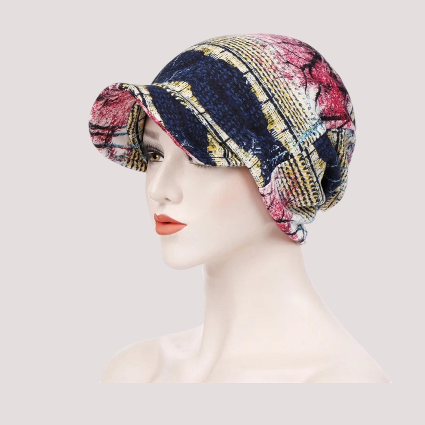 NOÉMIE Casquette Foulard Femme Chimio Bleu & Rose à motifs