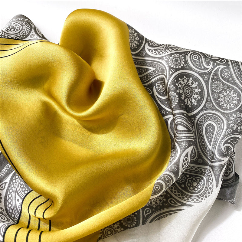 CANDICE Foulard Carré Soie Femme Homme Gris Jaune Blanc à motifs