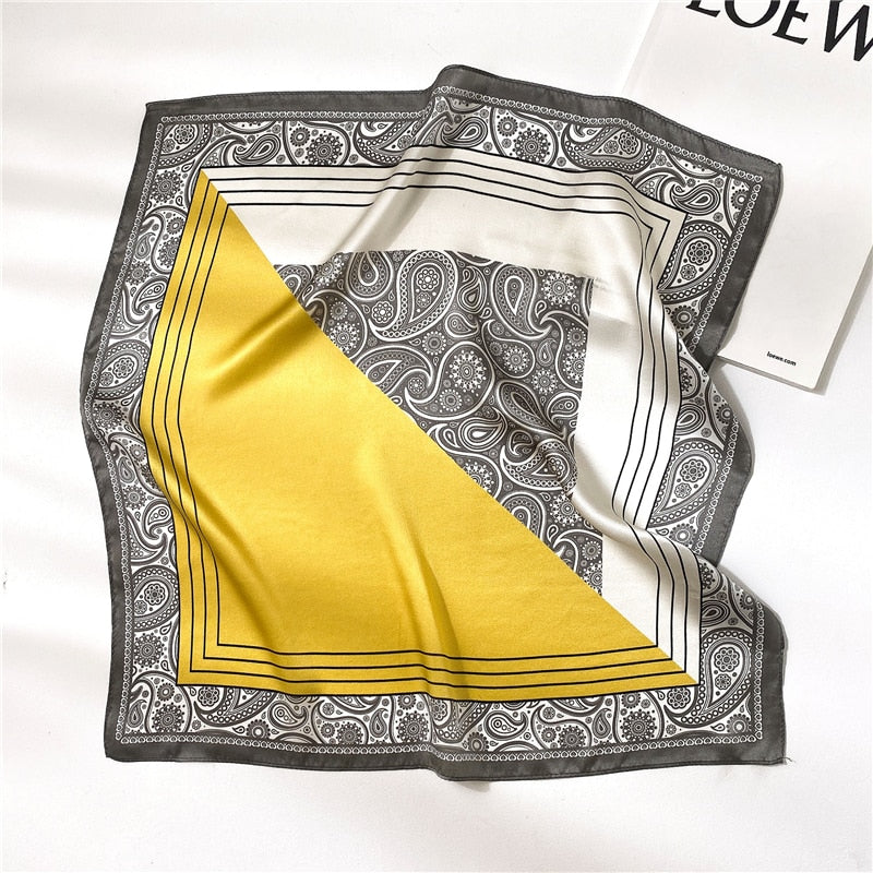 CANDICE Foulard Carré Soie Femme Homme Gris Jaune Blanc à motifs