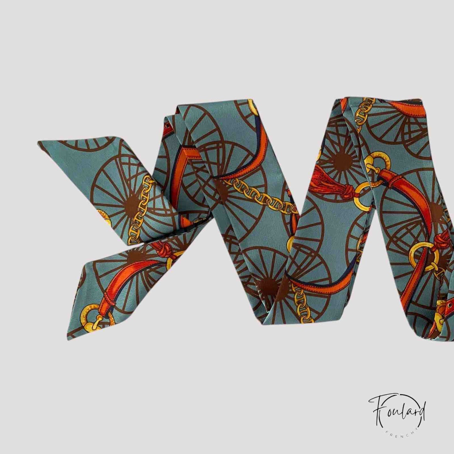 Ceinture foulard bleu-gris à motif équestre