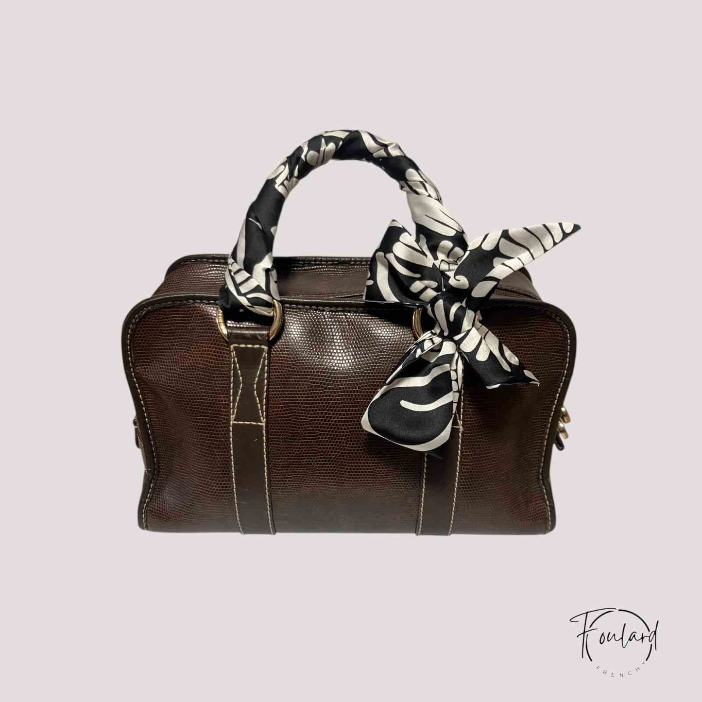 Ceinture foulard noire à motif végétal blanc