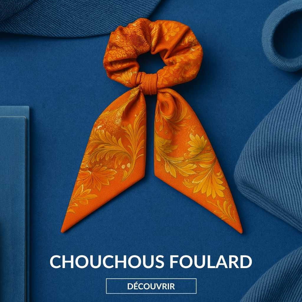 Jeune femme portant un chouchou foulard cheveux, entourée de chouchous foulards pour FOULARD FRENCHY