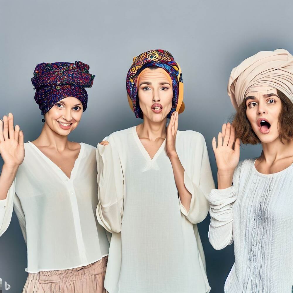 3 femmes portent un foulard chimio sur les cheveux