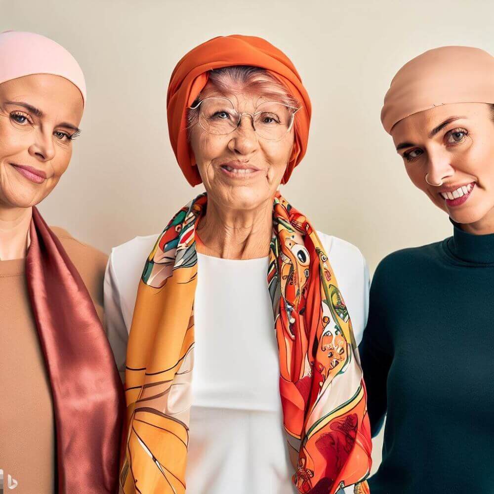 Femme suivant un traitement chimiothérapie contre le cancer et portant un foulard chimio moderne et pas cher