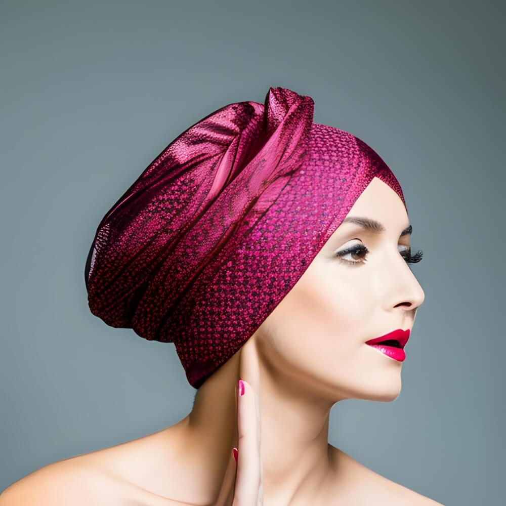 Femme portant un turban pour illustrer la Collection TURBAN CHIMIO de Foulard Frenchy