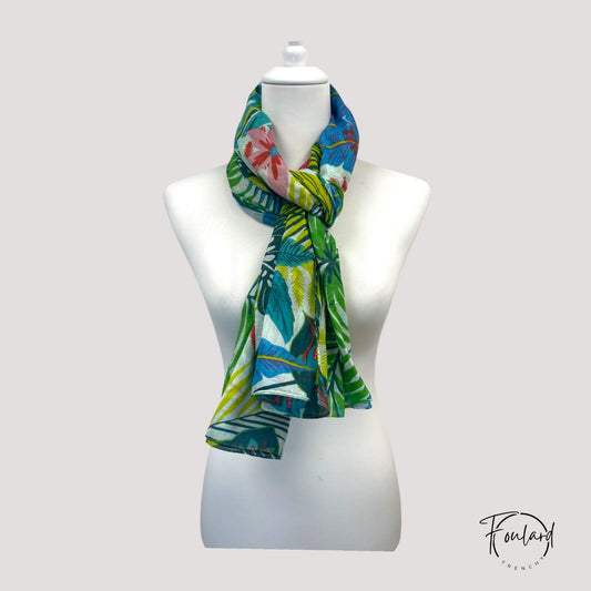 Foulard feuillage tropical multicolore en coton