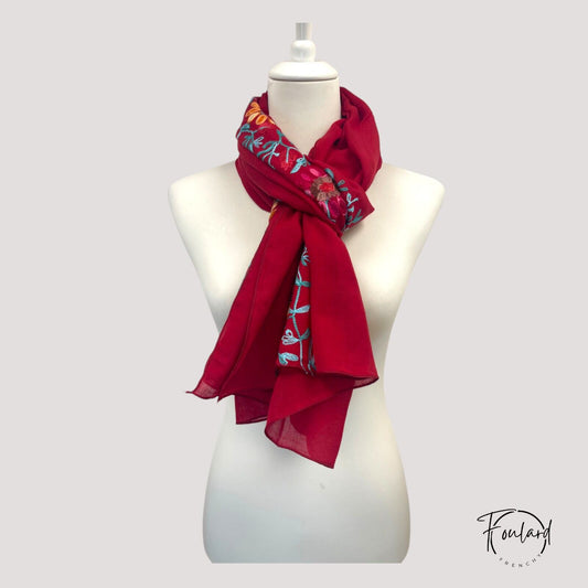 Foulard femme Brodé Floral Rouge Bordeaux