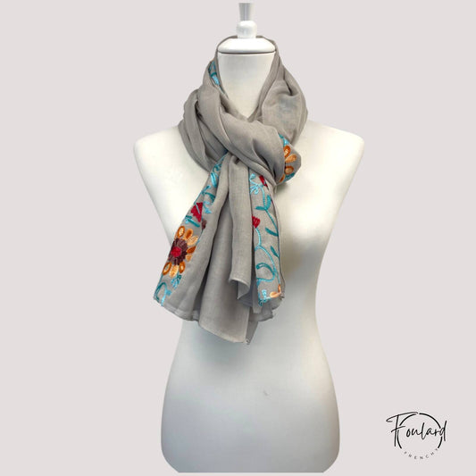 Foulard femme  Brodé Floral – Gris Perle