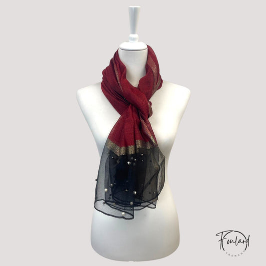 Foulard Élégant Bordeaux & Noir – Voile à Perles et Fils Dorés