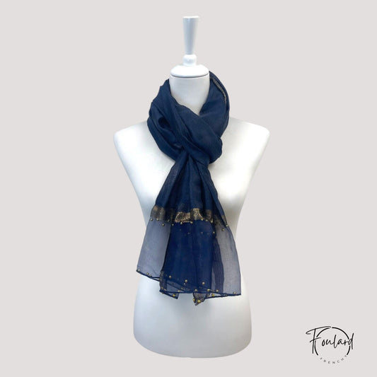 Foulard Voile Bleu Marine – Finition Dorée et Perles