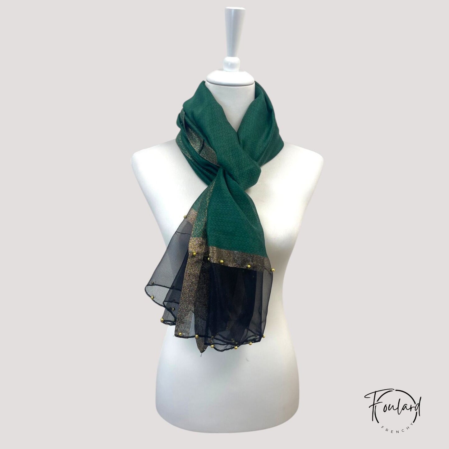 Foulard Vert ; Noir – Voile Transparent à Perles Dorées 180×90 cm