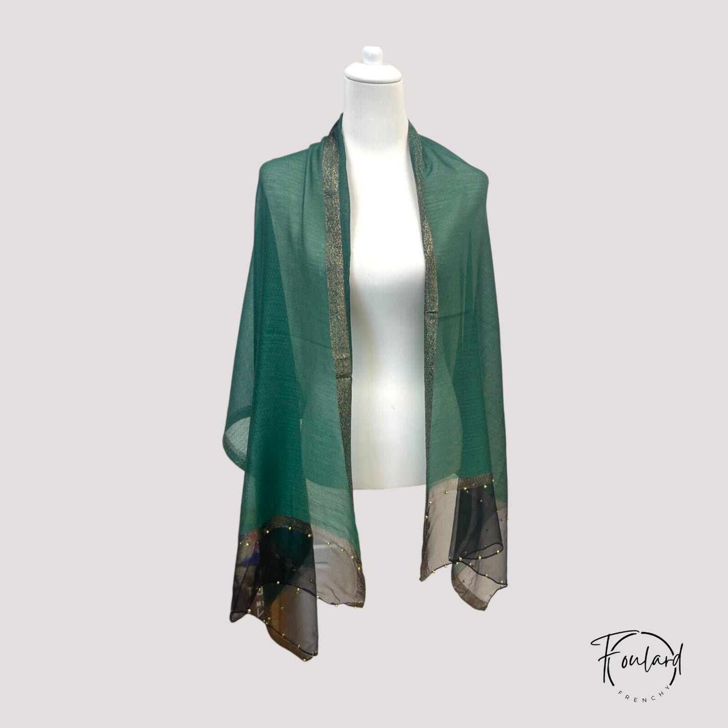 Foulard Vert ; Noir – Voile Transparent à Perles Dorées 180×90 cm
