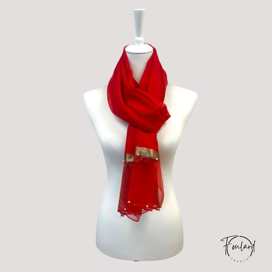 Foulard Rouge Passion – Voile Doré et Perles (180×90 cm)