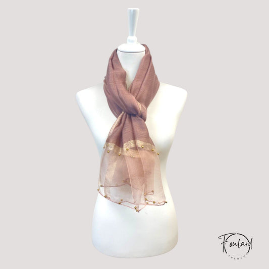 Foulard Rose Poudré – Voile Transparent Doré et Perles (180×90 cm)
