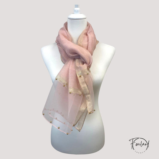 Foulard Rose Clair – Voile Doré et Perles Élégantes (180×90 cm