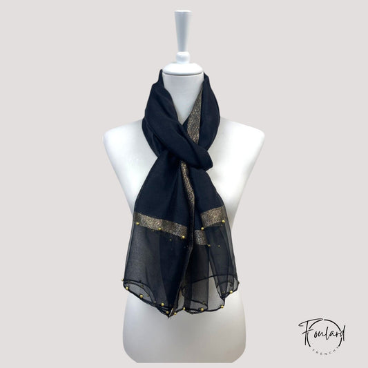 Foulard Noir Élégant – Voile Doré  Perles  180×90 cm