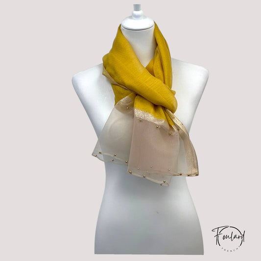 Foulard  femme  Jaune Moutarde – Voile Transparent Doré et Perles 180×90 cm