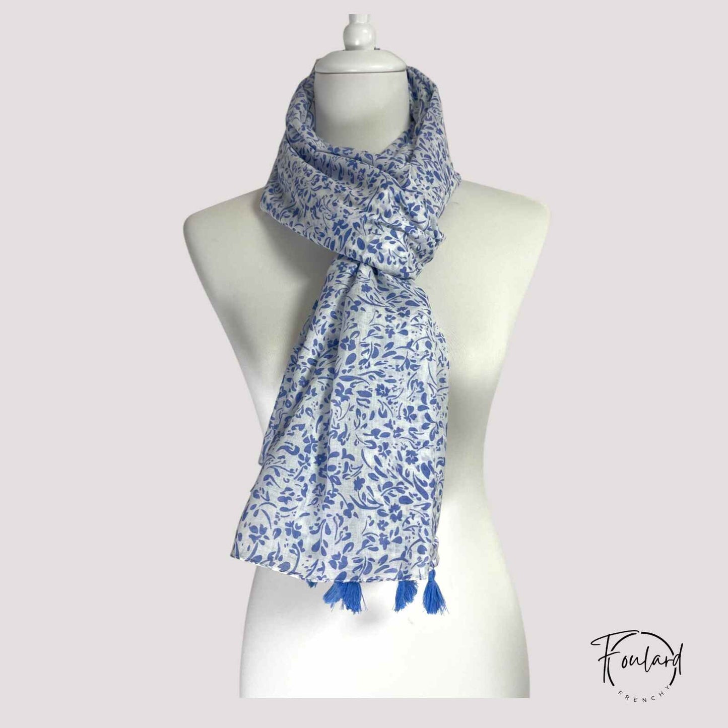 Foulard femme bleu feuillage