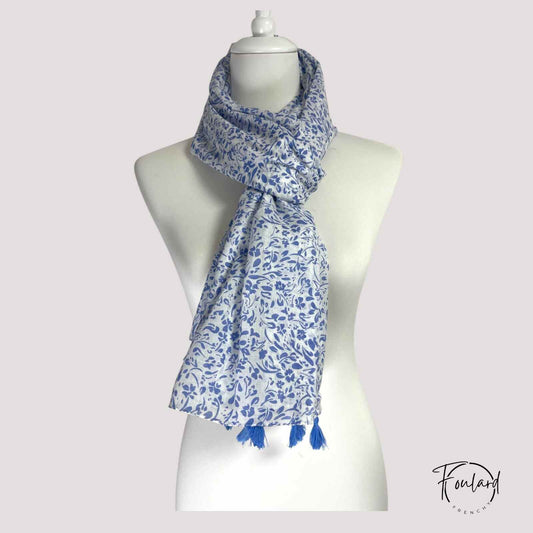 Foulard femme bleu feuillage