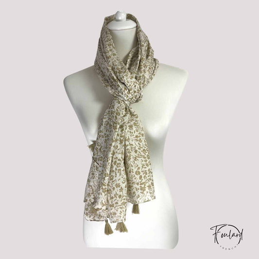 Foulard femme beige  feuillage